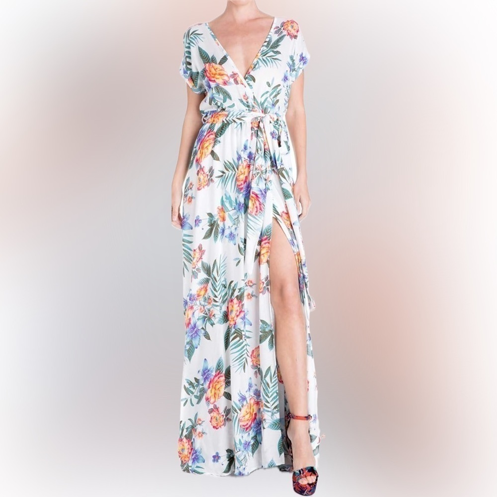 Meghan LA Women’s Jasmine Wrap Maxi Dress Floral Short Sleeve Large NWOT Flaws
